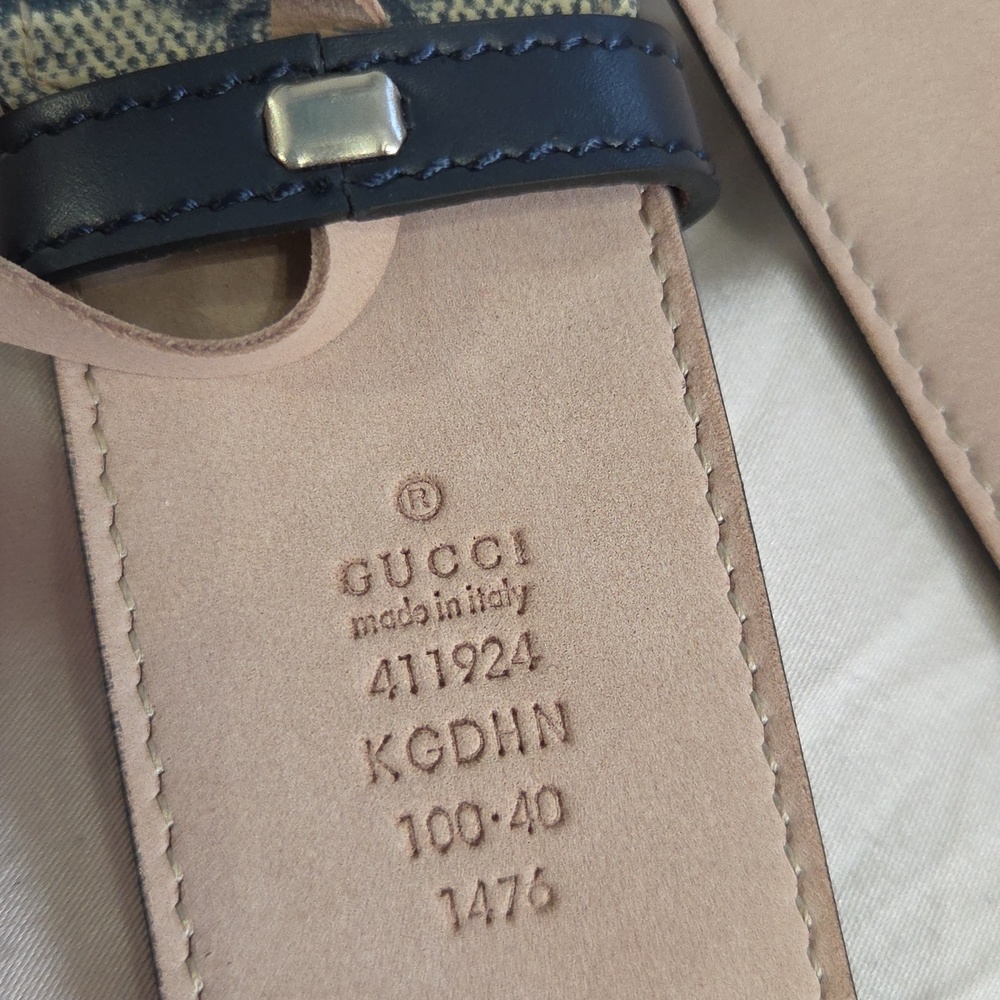 Gucci Blue Beige Monogram Belt with Silver Double G Buckle - Picture 4 of 16